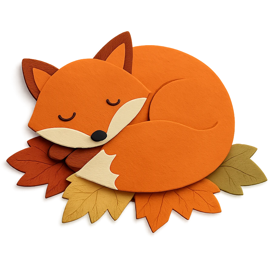 sleepy fox curled up on a pile of autumn leaves, paper-craft style emoji