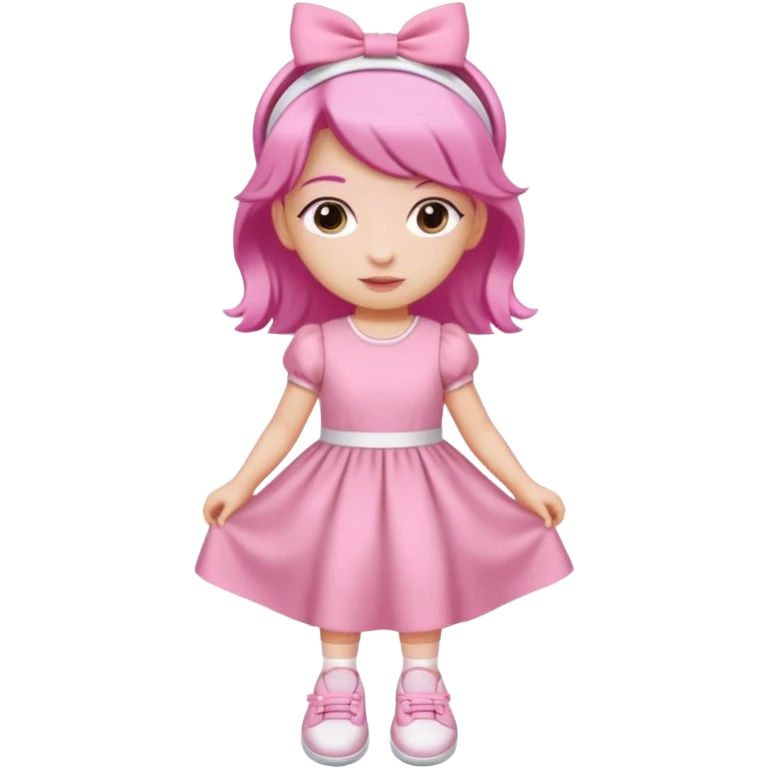 A girl wear a a pink pink dress and pink wacth and a pink hairband and a white shoes emoji