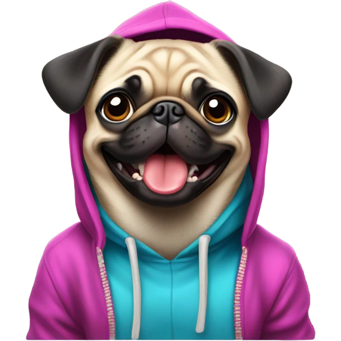 Dog (pug) wearing a hoodie smiling emoji