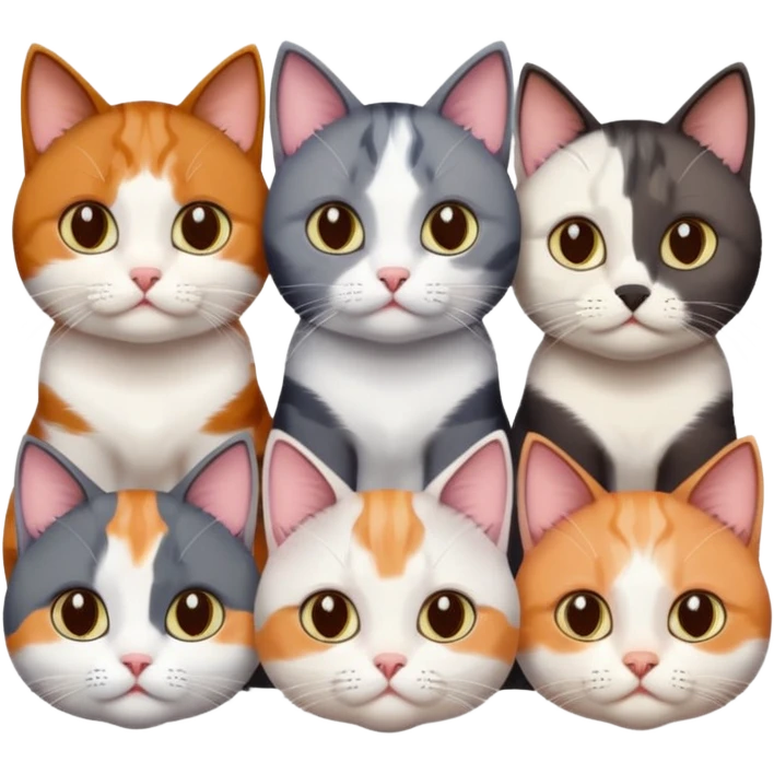 5 different coloured short haired cats including; a dark brown and white cat, and a dark grey and white, and a calico emoji