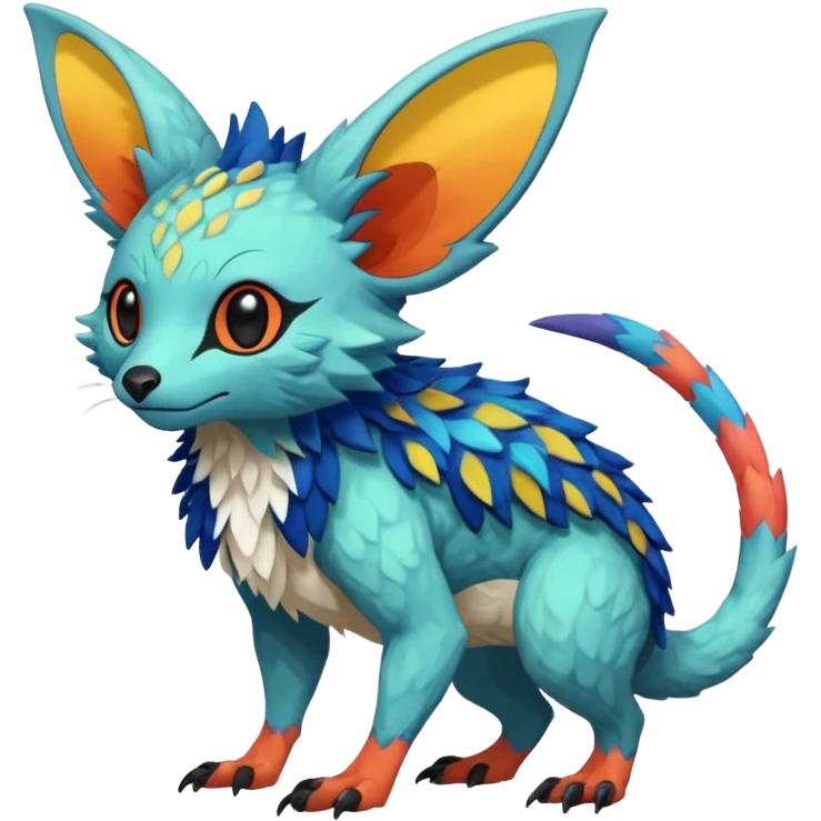 Rare realistic exotic edgy epic pretty beautiful handsome gorgeous aesthetic colorful vibrant Vernid-Trico-species-Fakemon-creature by LiLaiRa, random markings, tufted ears, full body emoji