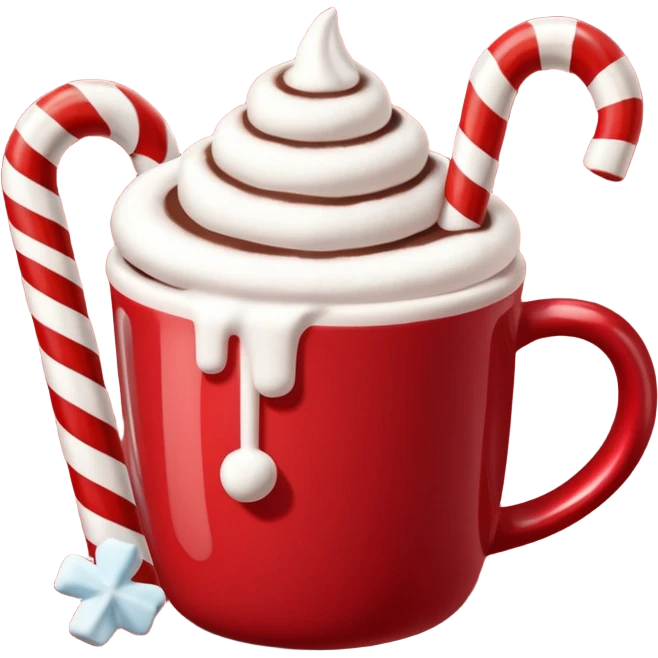 hot chocolete with marshmallows in red christmas mug and candy cane emoji