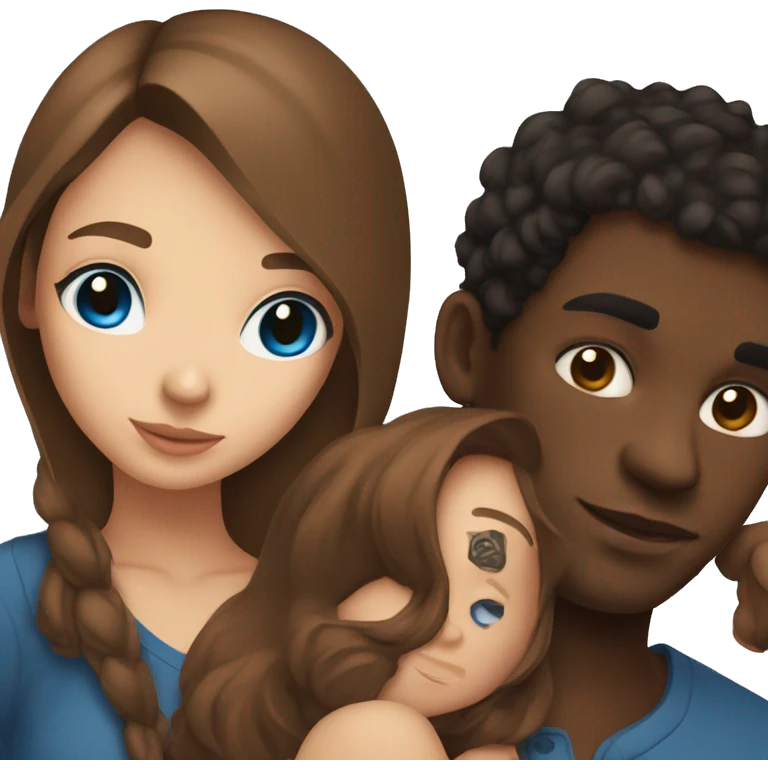 Beautiful Girl with blue eyes and long brown hair and boy with brown hair cuddling, black man with tattoos  emoji