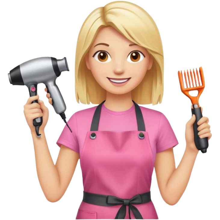 smiling blonde woman hairstylist wearing pink t-shirt and orange apron, hands raised, holding scissors and hairdryer emoji