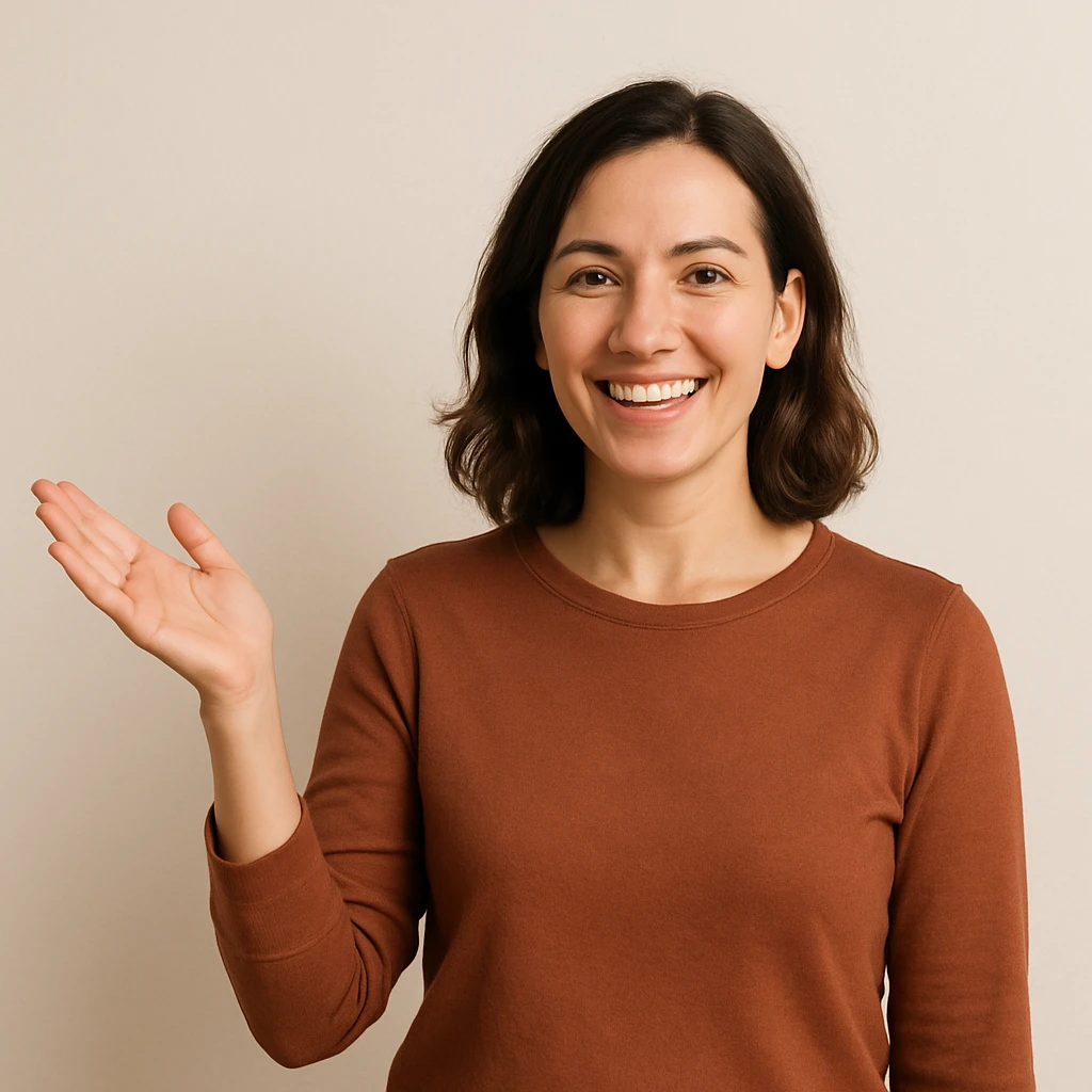 woman with a welcoming hand gesture, friendly expression, simple background emoji