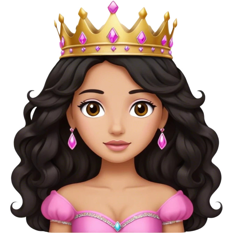 Very tanned princess, with long black wavy hair and crown and an pink princess outfit emoji