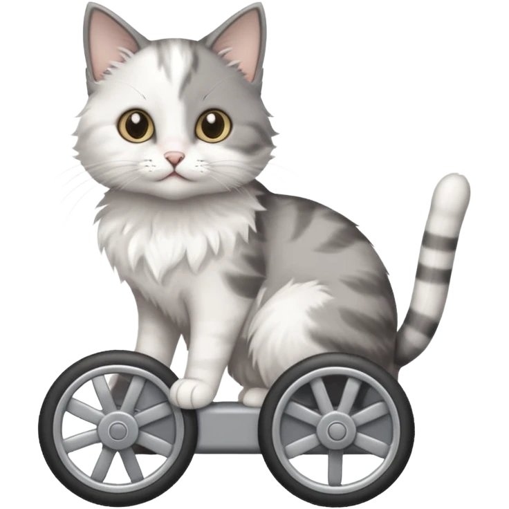 disabled grey and white small cat using a mobility wheel aide for cats emoji