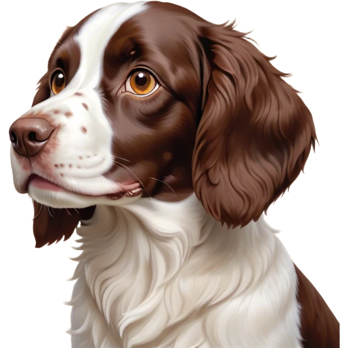 Cinematic Cute Springer Spaniel Portrait Emoji, Head tilted playfully and inquisitively, featuring a vibrant Fur of liver and white with a natural sheen, round, sparkling brown eyes filled with curiosity, Simplified yet irresistibly adorable features, highly detailed, glowing with a warm, friendly glow, high shine, affectionate and lively, stylized with a touch of whimsy, bright and endearing, soft glowing outline, capturing the essence of a mischievous yet loving pup, so playful it feels like it could frolic out of the screen and into your arms! emoji