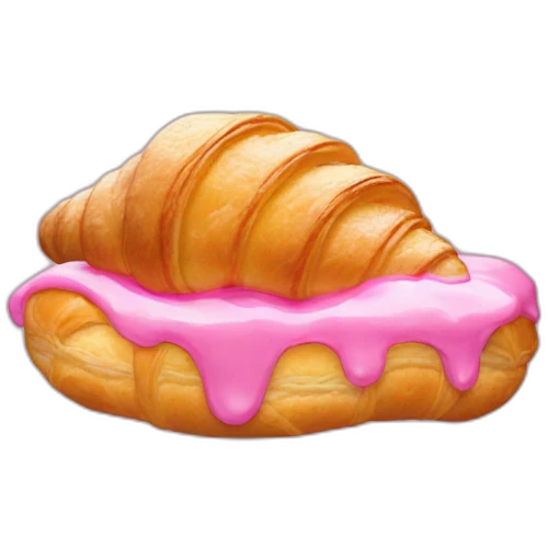 A croissant with pink glacé on top and yellow cream inside emoji