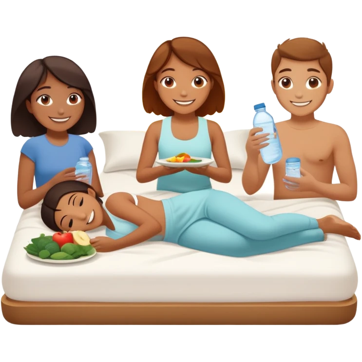 A person in the sun, with a plate of whole foods, water bottle, and glowing bed behind them. Nearby, smiling friends gather—symbolizing balance, healing, and connection through simple daily rituals. emoji