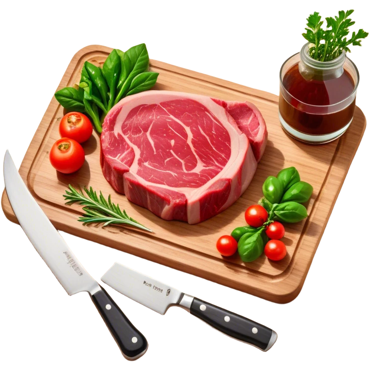 A photorealistic icon featuring a chef's hat, a cutting board with fresh ingredients, a knife, a plate with a well-plated dish, and a beautiful ribeye beef steak. Bright, detailed design with realistic textures and lighting. Transparent background, clearly symbolizing cooking and culinary arts. emoji