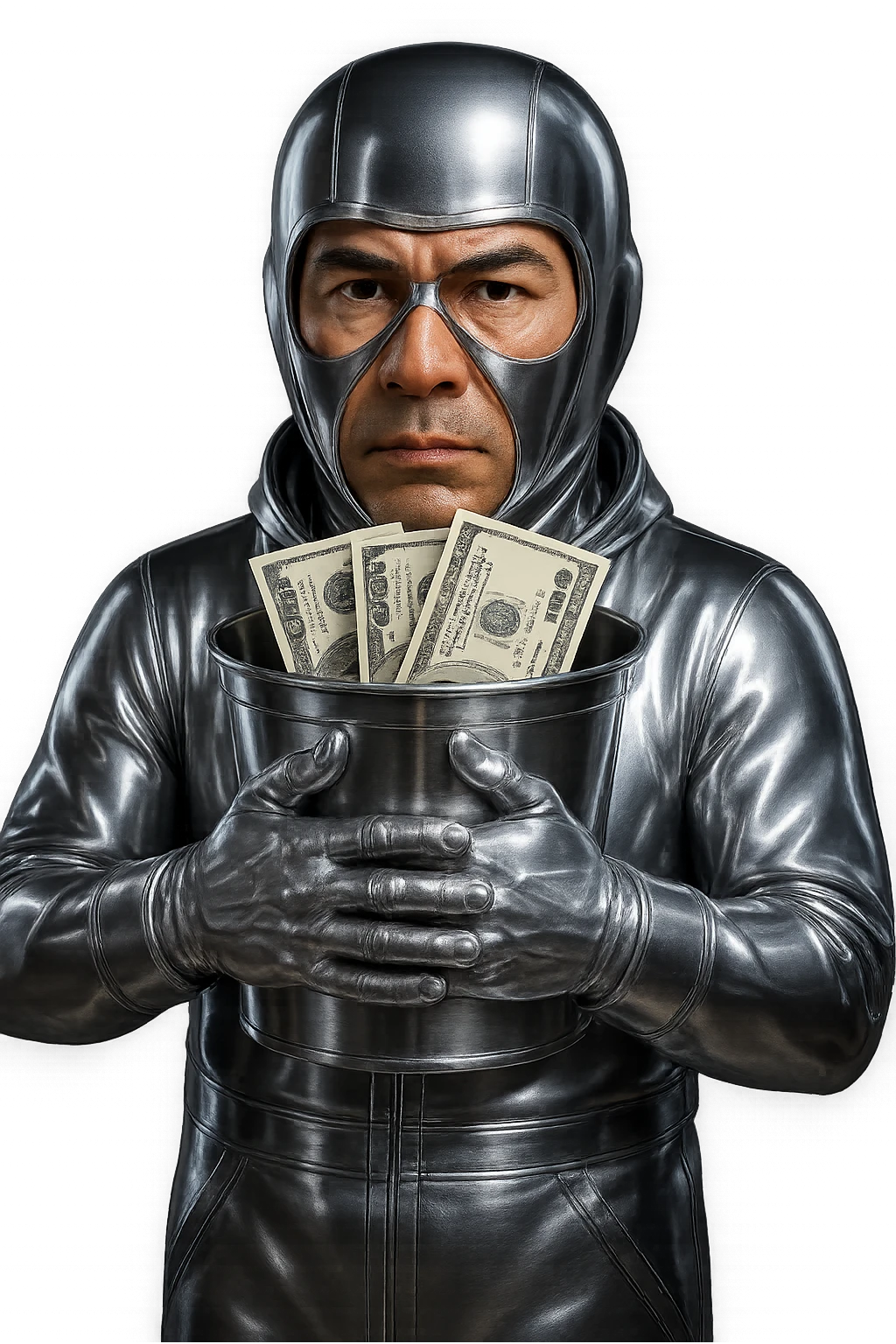 Keep the character's skin color and face natural, keep the suit, helmet, and goggles chrome, and make the dollar bills look realistic with authentic US currency details and textures. The background should remain transparent. emoji