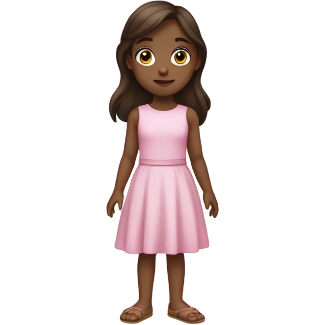 Little Girl with White skin, black eyes. Long brown hair with. She is wearing a pink and White dress, standing and holding  emoji