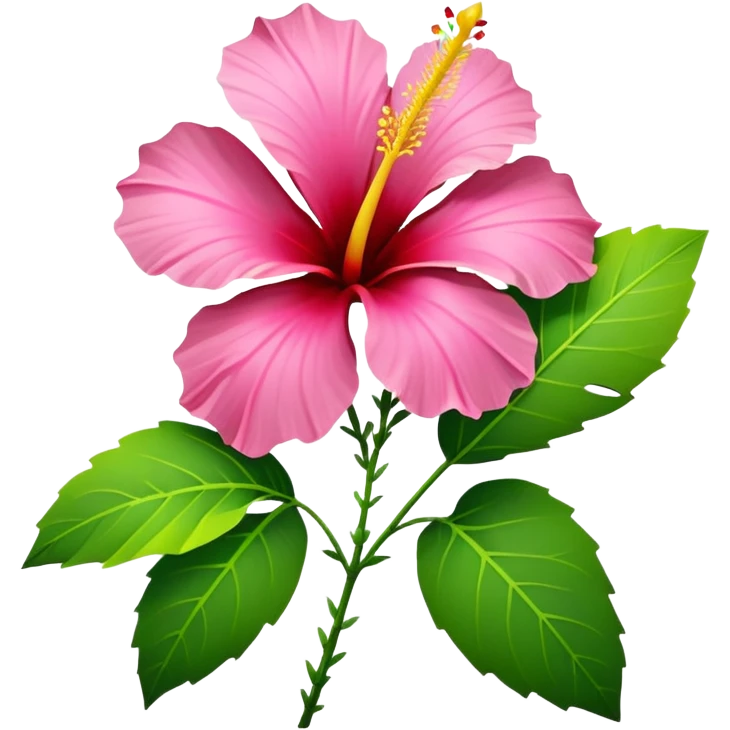Rare tropical vivid yellow, pink, red, single Hibiscus flower, hyper realistic. Must have three green leaves. Clean thin lines, smooth appearance, no emoji icons, no background, isolated, rendering. emoji