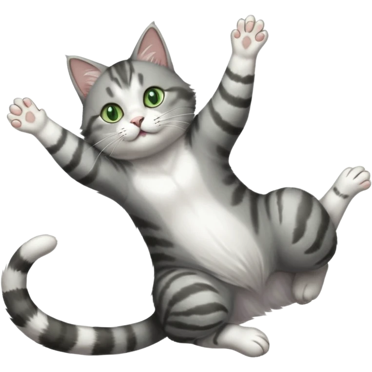 grey and white cat with green eyes doing a big extremely long stretch reaching up into the air with arms and legs side by side together straight and overextended whilst lying on its side emoji