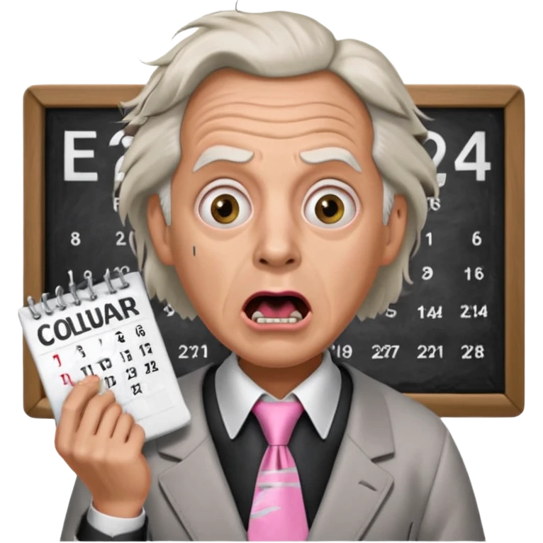 Doc Brown, in Back to the Future, looking shocked, mouth wide open, with a shocked expression. Without glasses. Wearing a silver dress with black trim, a pink collared shirt and a white tie, holding a calendar. emoji