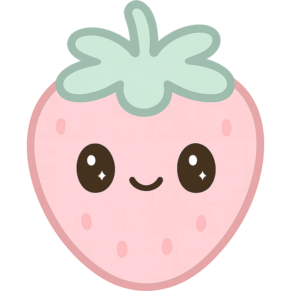 kawaii style strawberry, happy face, pastel pink and green, sparkling eyes, playful and cute emoji