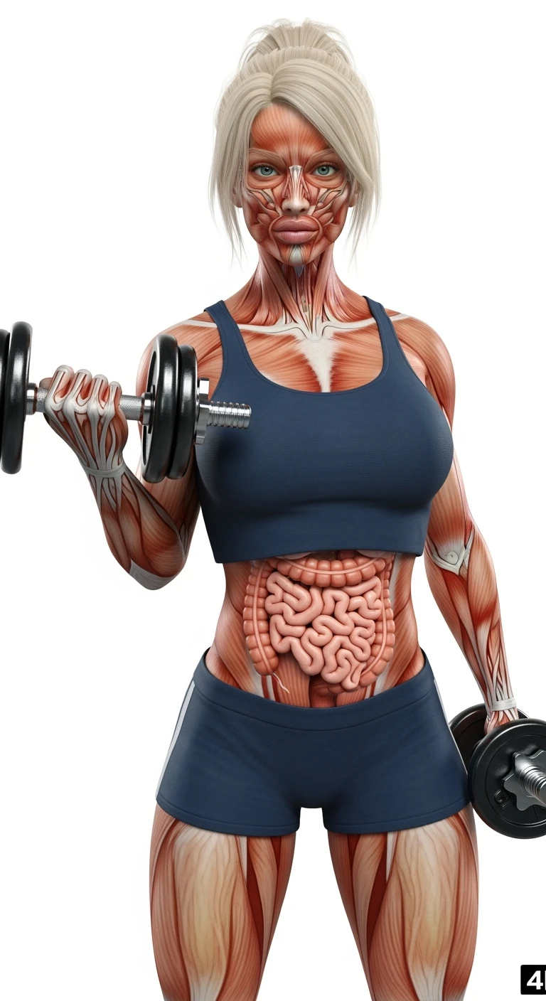 donna fitness realistica con instetino anatomico realistico in evidenza mentre tiene un manubrio da palestra in mano, isolata su sfondo bianco, IPERREALISTICA 4K emoji