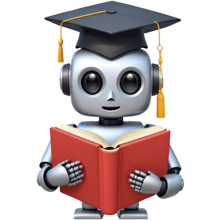 non-anthropomorphic robot reading a big book with graduation head emoji