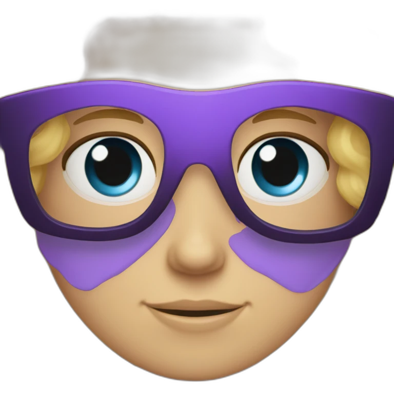 caucasian curly blonde long haired blue eyes woman purple t-shirt black glasses emoji