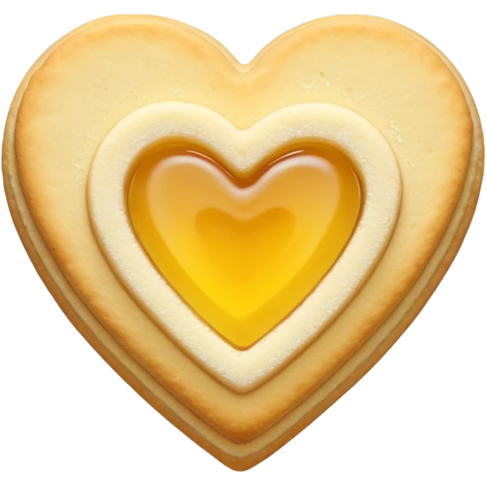 Realistic shortbread cookie in the shape of a heart with yellow pastel jelly middle filling and sprinkled powder sugar on top. emoji