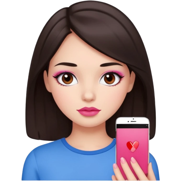 Dark brown haired girl with black eyes and lips between the shades of pink and red. A cute and clean makeup along with a blue top  emoji