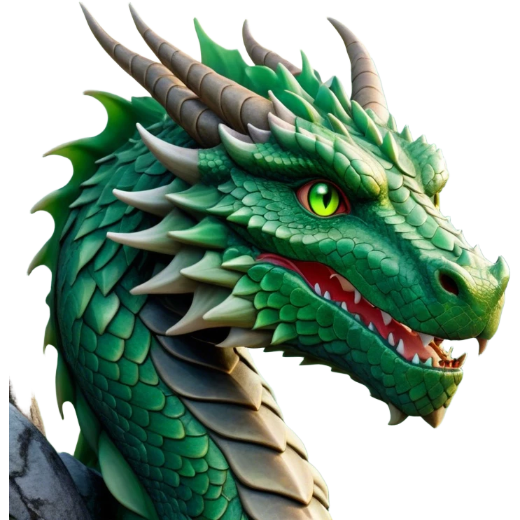 Cinematic Noble Giant Green scaled Dragon Portrait Emoji, Poised and awe-inspiring, with a massive, rugged form carved from ancient stone, featuring intricately textured scales that resemble weathered granite and basalt, and piercing, stony eyes echoing the strength of timeless mountains; rendered with lifelike detail and earthy natural highlights, high shine, formidable and grounded, styled with an aura of primordial majesty, focused and resolute, soft glowing outline, capturing the essence of an enduring rock titan ready to surge from the screen with ageless power! emoji