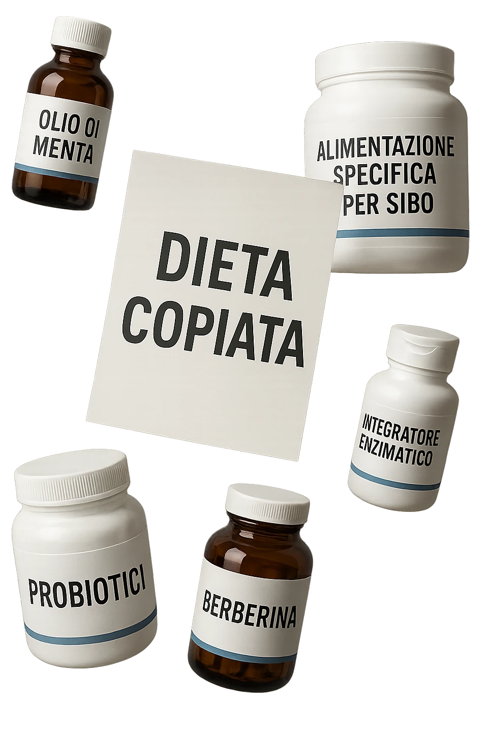 FOGLIO DI CARTA FLUTTUA IN ARIA CON LA SCRITTA "DIETA COPIATA", INSIEME A BARATTOLI DI INTEGRATORI PER CURARE IL SIBO IN ITALIANO, IPERREALISTICO 4K, NON DISEGNATO emoji