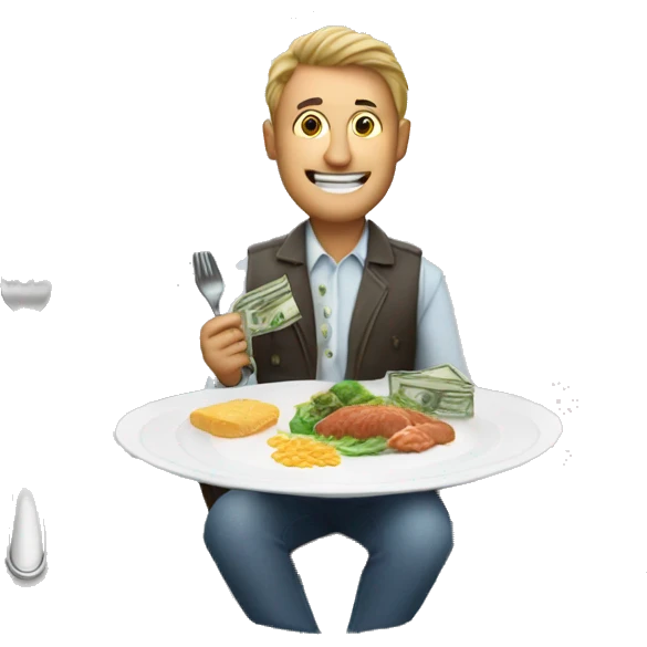 man at dinner table with cuttlery in his hands, money on the plate emoji