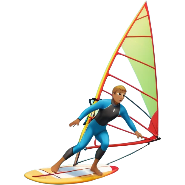 A windsurfer gliding across the ocean, with a vibrant sail catching the wind. The scene captures the motion of the board riding the ocean waves, surrounded by the bright blue sky and ocean, symbolizing the excitement and skill required in the sport of windsurfing. emoji