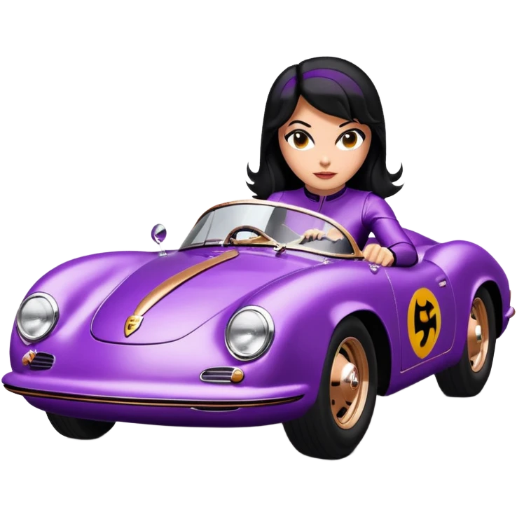 Adult BatGirl driving her satin-black and rose gold 1955 Porsche 550 Spyder too fast in the country, despite the rainy conditions making the tires slippery, sliding sideways with her black hair fluttering in the wind (purple shiny latex catsuit, black car)  emoji