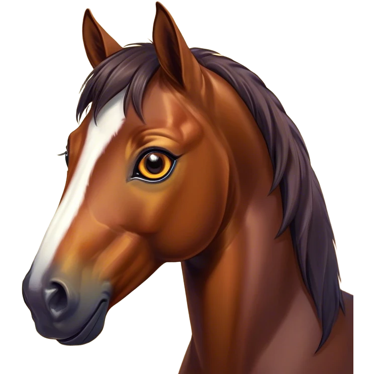 Cinematic Cute Bay Horse Portrait Emoji, Head tilted playfully and inquisitively, showcasing a glossy bay fur with a vibrant sheen and expressive amber eyes filled with curiosity, Simplified yet irresistibly adorable features, highly detailed, glowing with a warm, friendly glow, high shine, affectionate and spirited, stylized with a touch of whimsy, bright and endearing, soft glowing outline, capturing the essence of a mischievous yet loving horse, so playful it feels like it could prance out of the screen and into your arms! emoji