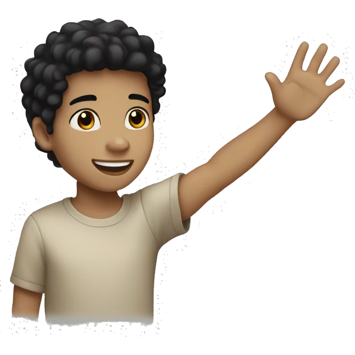 A light skin tone boy with black eyes black hair saying hi by waving hand emoji