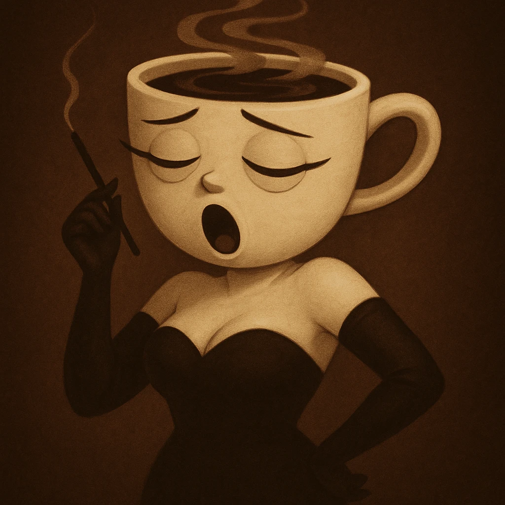 Change the coffee cup woman's expression to sleepy, with half-closed eyes and a small yawn. Keep the original style and character, only modify the eyes and mouth, preserving the original style and look. emoji