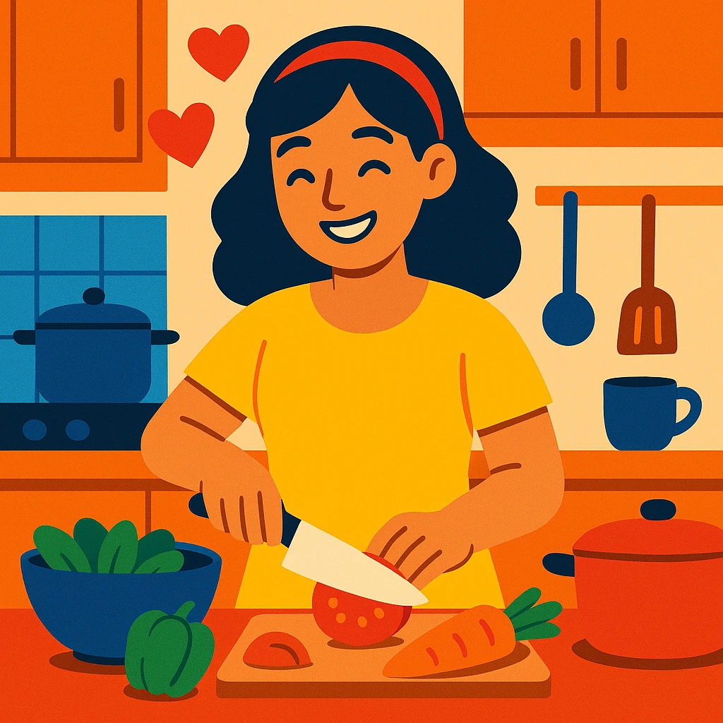 a smiling girl preparing a meal, heart symbols to show love, everyday kitchen setting emoji
