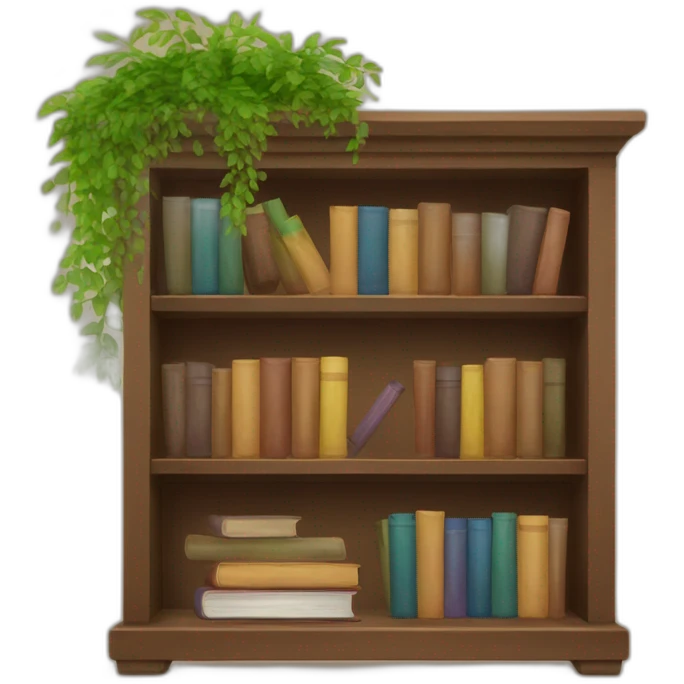Brown Bookshelves with books and plants emoji