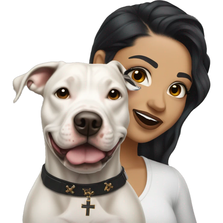 light skin woman with a face tattoo of a small cross near her eye and long wavy black hair expressing joy alongide a white and brown pitbull emoji