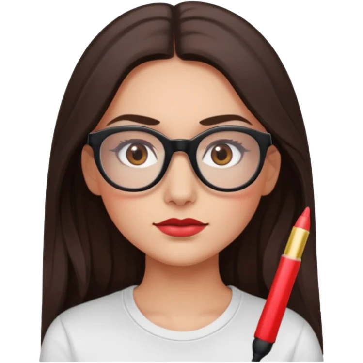 A brunette woman, long hair and long eye lashes,small nose, red blushe and highlighter, black glasses,brown eyes, white tshirt emoji