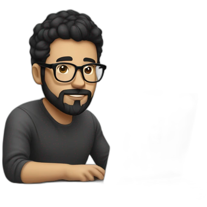 Designer with black hair, beard and glasses working with MacBook and drinking cappuccino  emoji