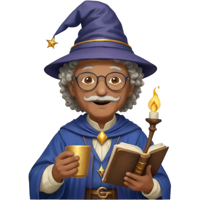 A Joyful Elderly Male with Brown skin and Curly hair, wearing a Traditional outfit, a Wizard hat, Sunglasses, carrying a Spellbook, working as a farmer, while drinking Coffee and reading a Textbook. emoji
