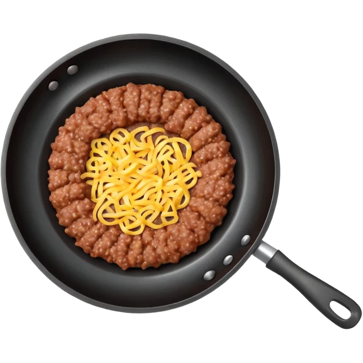 A 3D cartoon frying pan with minced meat being cooked, top view, realistic texture, Memoji-style. emoji