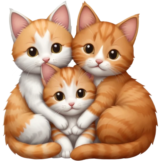 3 tiny kittens cuddling together all different colours, the first one is grey and white, the second is ginger and white and the third is brown tabby and white emoji