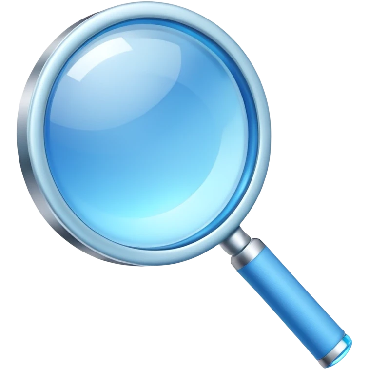 A 3D rendered magnifying glass, tilted right, frosted glass lens, glowing blue light, subtle shadows, purple background, high detail, cinematic lighting, app icon style emoji