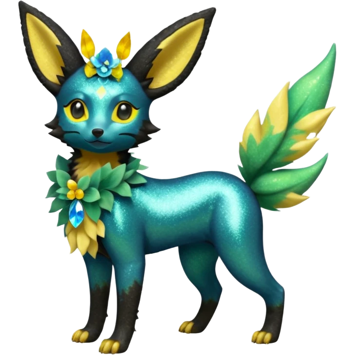 Multicolored sparkly light pretty cool elegant realistic flowery exotic Trico-Bolthund-Electrike-Luxray-Umbreon-Leafeon-hybrid, full body emoji