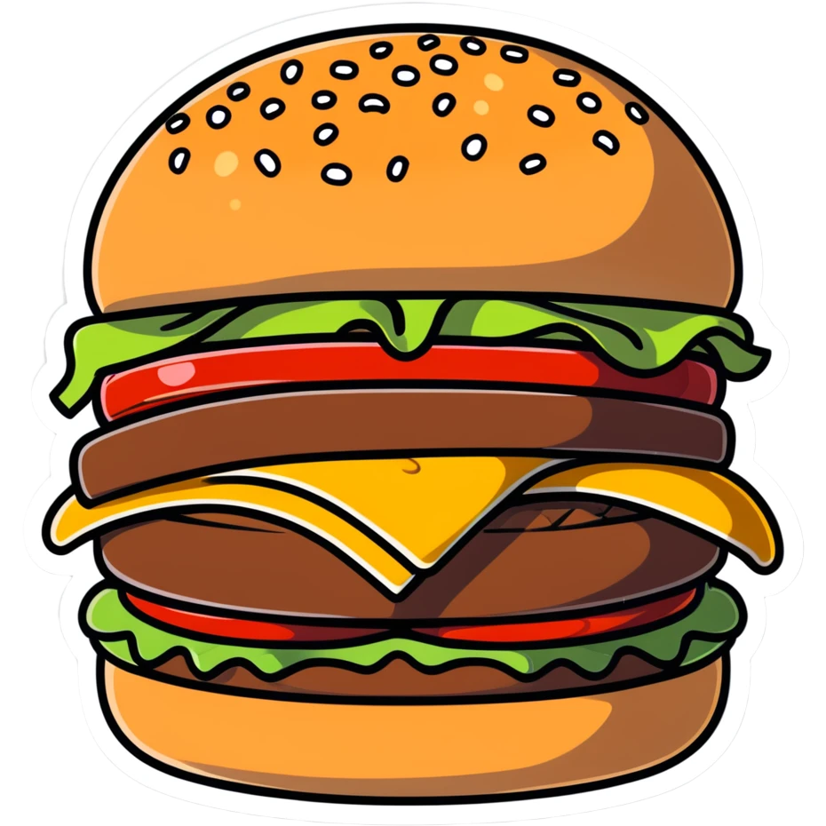 burger de chez Quick with soft bun, steak, cheese, sauce, cartoon sticker style emoji