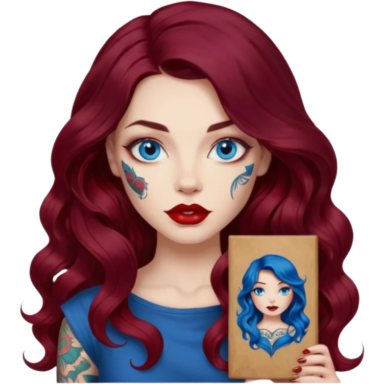  Female long wavy dark burgundy hair, blue eyes, large red lips, tattooed, artist with a canvas emoji