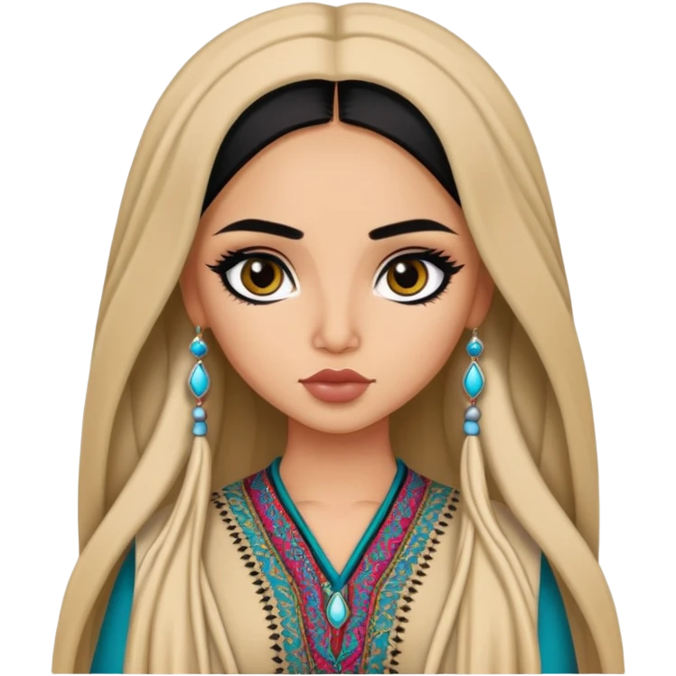 Afghan nose, pretty lips, afghan clothes, medium skin,  long hair, pretty bratz baddie, black eyeliner emoji