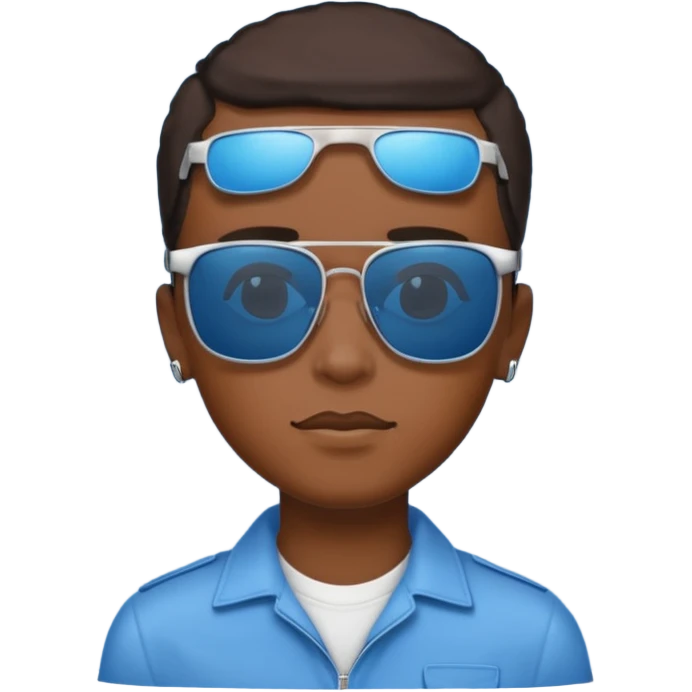Un garçon noir avec des lunettes de soleil un peu bleu avec un cadran plutôt carré et SANS QU’ON VOIT SES YEUX. Et au dessus de sa tête il y a écrit BOUSS emoji