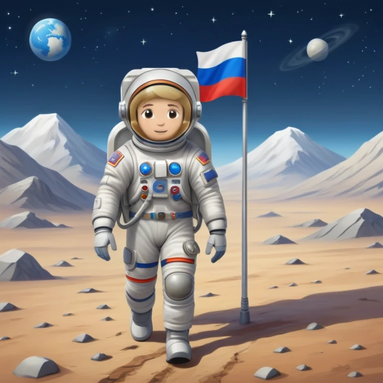Cosmonaut walking on a planet surface, wearing a spacesuit with Russian flag, light hair and light skin visible through helmet emoji
