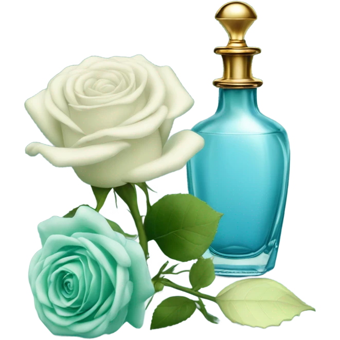 Aesthetic composition of soft blue roses with a vintage-style green  perfume bottle.
 emoji